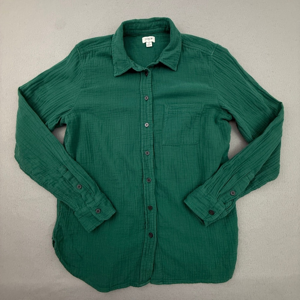 J.Crew Button Down Women Small Green Gauze Cotton Long Sleeve Pocket Shirt